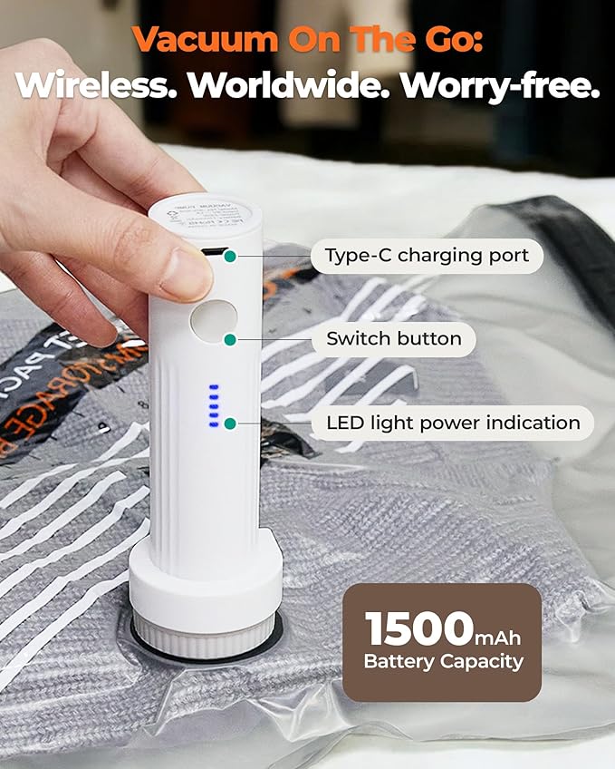 BAGSMART Rechargeable Wireless Pump Travel Storage Bags Set, Portable Space Saver Bags for Travel & Home, Vacuum Compression Seal Bag for Clothing- 18 combo bags