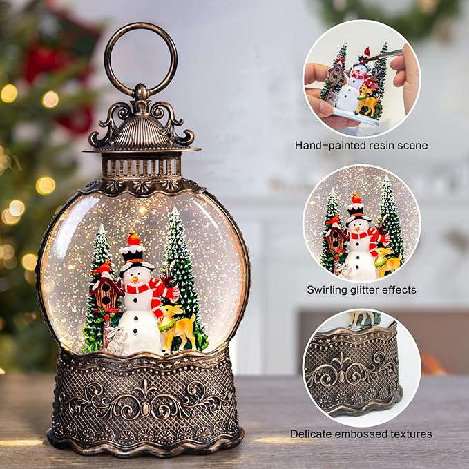 Christmas Snow Globes Lantern with Music, Snowman Snow Globes with Swirling Glitter Effects, USB/Battery Powered with 6-Hour Timer, Christmas Decorations