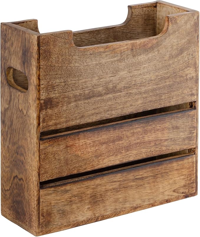Mie Creations Wooden Magazine Holder Rack with Handle, Decorative Magazine Storage Basket for File, Folder, Books, Newspaper | Rustic Brown Magazine Bin Display Stand, Office Desk Organizer 10-inch