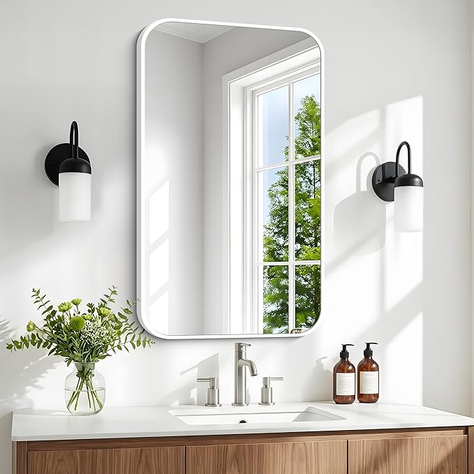 BONEWEI White Bathroom Mirror,16x24 inch Wall Mirror for Bathroom Wall Mounted,Rectangle Mirror for Bathroom Over Sink,Modern Frame Round Corner for Living Room,Bedroom Entryway,Horizontal/Vertical