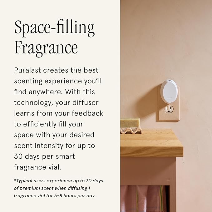 Pura Home Mini Fragrance Diffuser for Small Spaces Adjustable Smart Home Device with LED Light & Automatic Vial Detection - Includes 1 Scent Refill - Linens & Surf