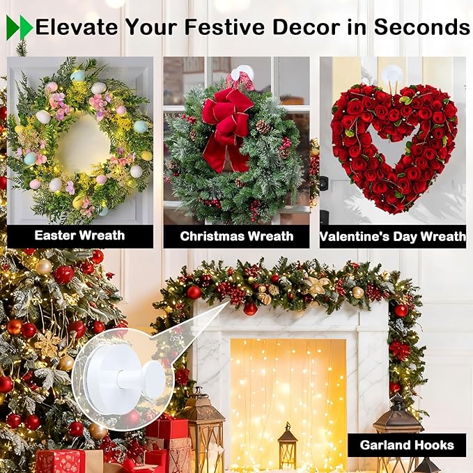White Garland Hanger, 22LB Strong Wreath Hangers for Front Door Easter Christmas Decorations Welcome Sign, Suction Cup Hooks for Wreaths on Glass Window Over The Door, Removable Wreath Door Hanger