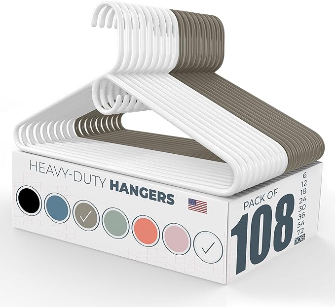 Neaties Heavy Duty Clothes Hangers 100 Pack (108 Count) – Made in the USA – 8lb Capacity Plastic Hangers for Adult Clothing – Durable for Pants, Coats, Jackets, or Jeans – White & Gray
