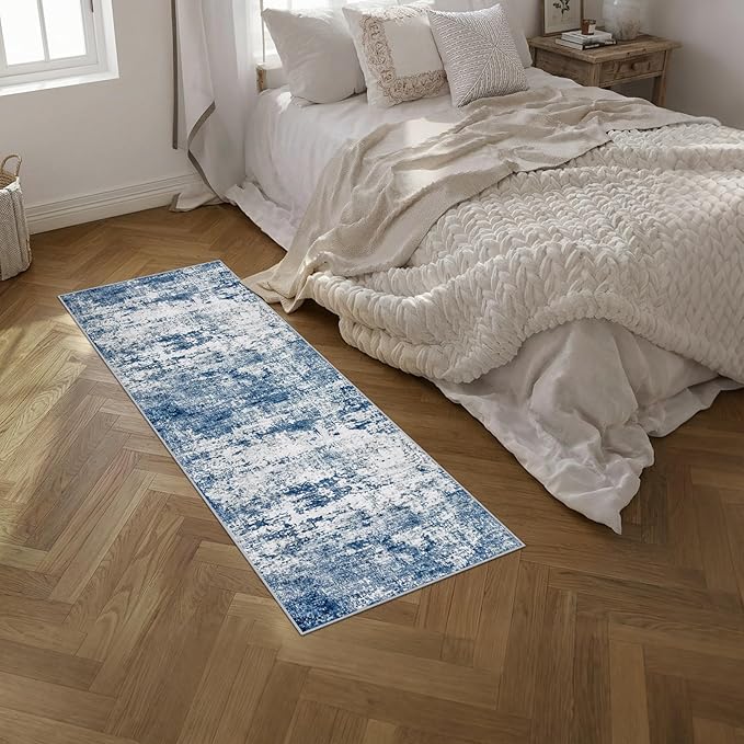2'x6' Runner Rug Washable Rug: Modern Abstract Soft Thin Runner Rug Blue