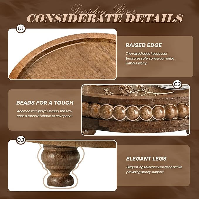 EOSAHR Acacia Round Wood Display Riser for Home Decor – Beaded Pedestal Tray for Perfume Organizer, Bathroom Tray & Kitchen Counter Decor - Farmhouse Boho Accent for Apartment(Acacia Wood)