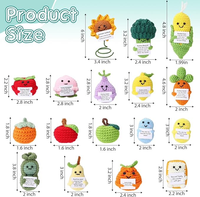 VioraWhite 18 Pcs Crochet Dolls Bulk Positive Handmade Knitted Emotional Fruit Vegetable Dolls with Encouragement Cards for Employee Appreciation Gifts, Coworker Team Building Keepsakes
