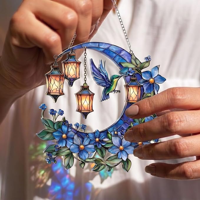 Hummingbird Moon Ornament Acrylic Suncatcher, Stained Glass Style Window Hanging with Lantern and Blue Flowers, 4.5 Inch Decorative Home Decor, Gift for Women, Christmas Ornament(Sun-37)