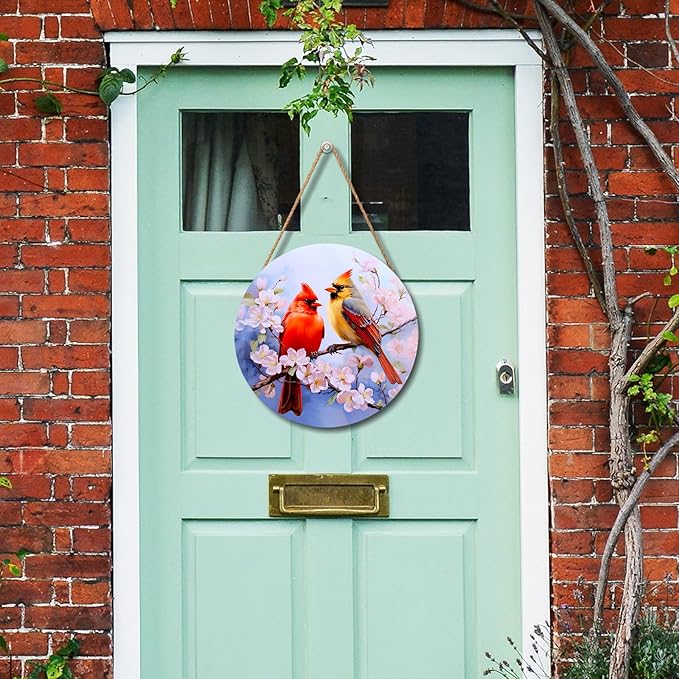 Harooni Spring Cardinal Door Wreaths, Wooden 12x12 inch Door Hanger with Floral Design, Farmhouse Wall Sign for Home Yard Garden Decoration