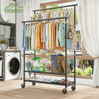 Double Rods Clothes Rack for Hanging Clothes, Rolling Clothing Rack with Wheels, 3-Tier Hanging Rack with Mesh Shelves, Holds 300 LBS for Bedroom, Laundry, Living Room, Black