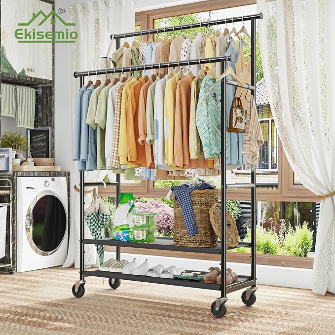 Double Rods Clothes Rack for Hanging Clothes, Rolling Clothing Rack with Wheels, 3-Tier Hanging Rack with Mesh Shelves, Holds 300 LBS for Bedroom, Laundry, Living Room, Black