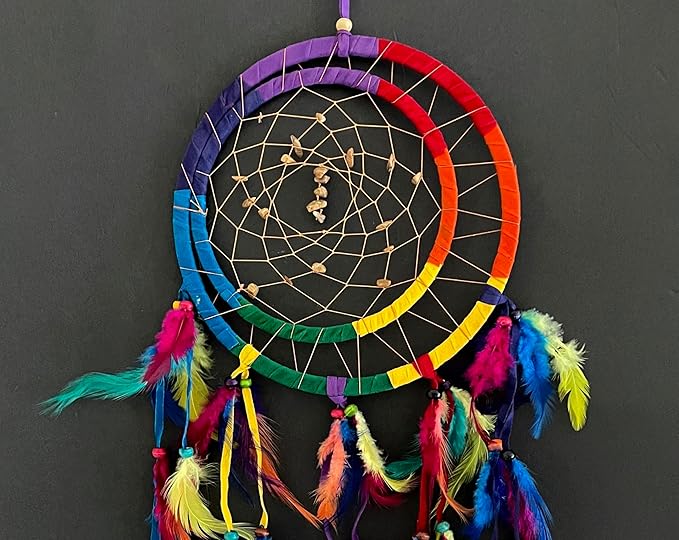 OMA Rainbow Dream Catcher Wall Hanging with Tiger Eye Stones and Feathers, Rainbow Chakra Traditional Dream Catcher Boho Home Decor Bedroom Decoration Gift Large Size - 28" Long x 9" Diameter