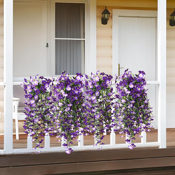 Artificial Hanging Flowers Plants for Outdoor Spring Summer Decoration, 2PCS Faux Silk Morning glory UV Resistant Look Real for Outside Home Indoor Planter Porch Garden Yard Decor(Dark Orchid)