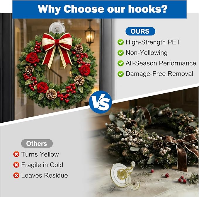 6 Pcs Suction Cup Wreath Hangers for Front Door, Removable Clear Wreath Hooks for Glass Door, Window, Tile Wall, Heavy Duty No-Damage Holiday Decor Hangers for Easter, Halloween, Christmas