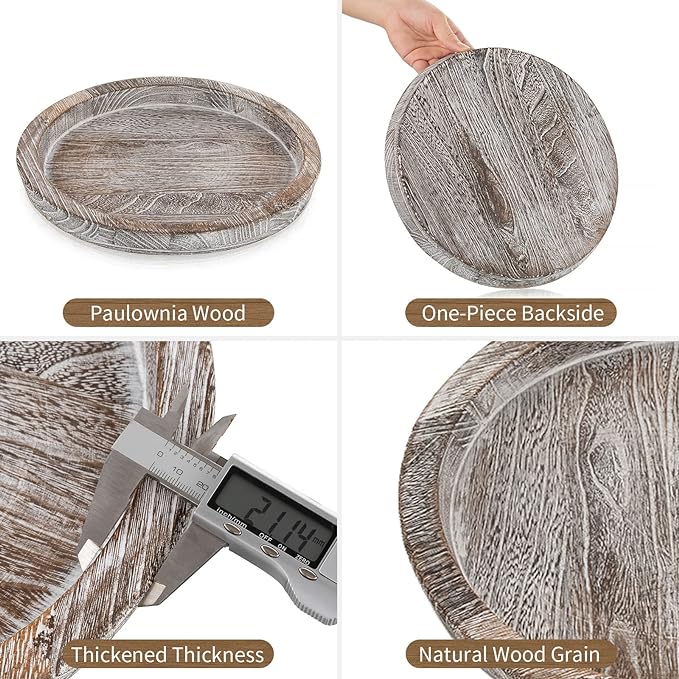 Hanobe Candle Plate Holder Tray: Round Wood Decorative Candle Plate - Rustic Farmhouse CoffeeTable Decor - Tealight Pillar Trays for Home Decor (Whitewash)