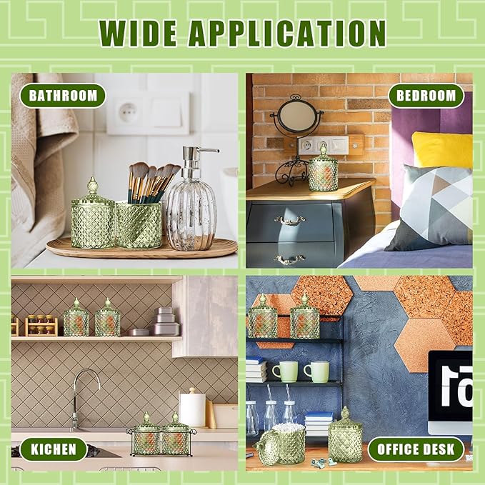 Aoriher 4 Pcs Crystal Glass Candy Jar Set with Lids Home Decorative Storage Jars for Apothecary, Bathroom, Kitchen, and Pantry, Ideal for Cotton Swabs and Jewelry (Large,Green)