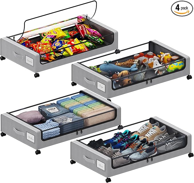 Under Bed Storage with Wheels, XXL 60L Under the Bed Storage Bins, Underbed Storage Containers with Lids & Label, Rolling Metal Drawer for Shoes, Clothes, Books, Toys (4-Pack Gray)