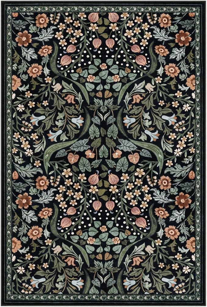 Moynesa Floral 2x3 Entryway Rug, Washable Kitchen Rugs Non Slip Front Door Mat for Indoor Entrance, Boho Ultra Thin Small Rug Soft Botanical Throw Carpet for Bathroom Bedroom, Black