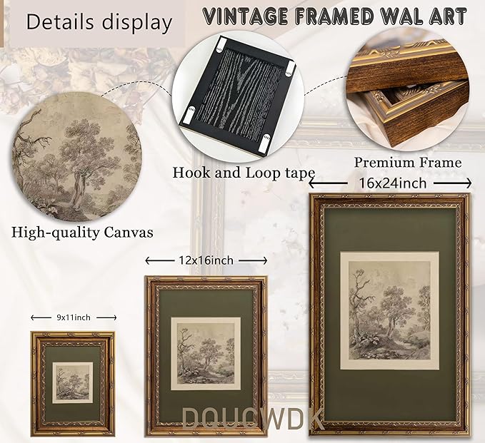 Vintage Gold Framed Wall Art Tree Forest Landscape Painting Canvas Prints Green Gray Tree Natural Sketch Picture Rustic Farmhouse Poster Artwork for Living Room Bedroom Bathroom, 12x16in