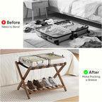 26.77“ Fully Assembled Dark Walnut Luggage Racks with Folable Storage Shelf, 5 Heavy-Duty Straps Bamboo Suitcase Stand, Luggage Holders for Guest Room, Bedroom, Hotel