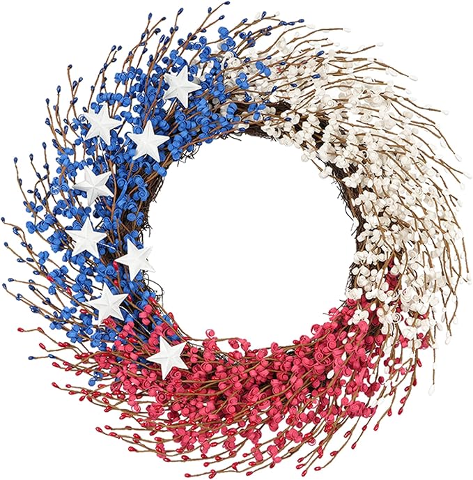 Idyllic 22 Inch Large Patriotic Wreath with Red White Blue PE Ribbons & White Stars - 4th of July Memorial Day Front Door Decor, Outdoor Holiday Wreath