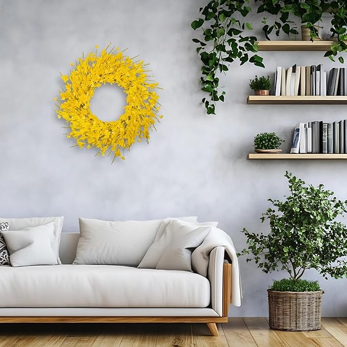 24 Inch Artificial Yellow Forsythia Flower Wreaths, Silk Leaves Paper Floral Wreath for Front Door, Spring Summer Decor, All Season Wreath for Wall Window Farmhouse Wedding Home Decor