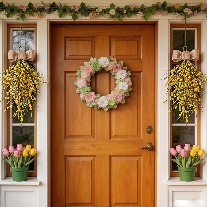 Forsythia Spring Teardrop Swag, 2Pcs Artificial Spring Summer Floral Hanging Swags with Bow for Door Wall Mantel Window Wedding Home Decor (Yellow)