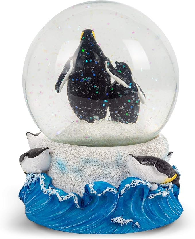 Elanze Designs Playful Penguins Family Mother Daughter Winter Snow Ocean Tabletop Figurine 100MM Sturdy Wind Up Musical Glitter Water Snow Globe Plays Tune Born Free