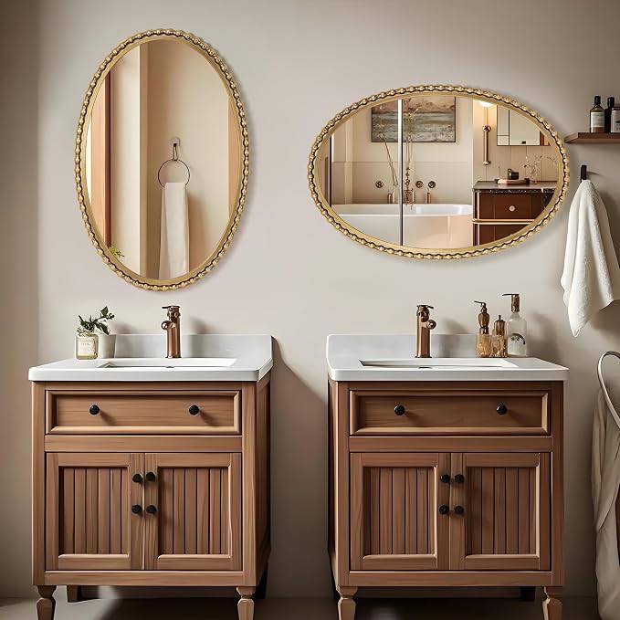 24x36 Inch Oval Wall Mirror with Antique Gold Beaded Frame, Vertical or Horizontal Hanging Vanity Mirror for Bathroom, Powder Room or Bedroom, Decorative Oval Mirror Wall Decor