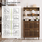 Tall Shoe Cabinet with Coat Rack, Shoe Storage Cabinet with Louvered 2 Doors, Tall Freestanding Entryway Shoe Cabinet with Adjustable Shelves, Modern Shoe Organizer Cabinet, Shoe Rack Cabinet (Walnut)