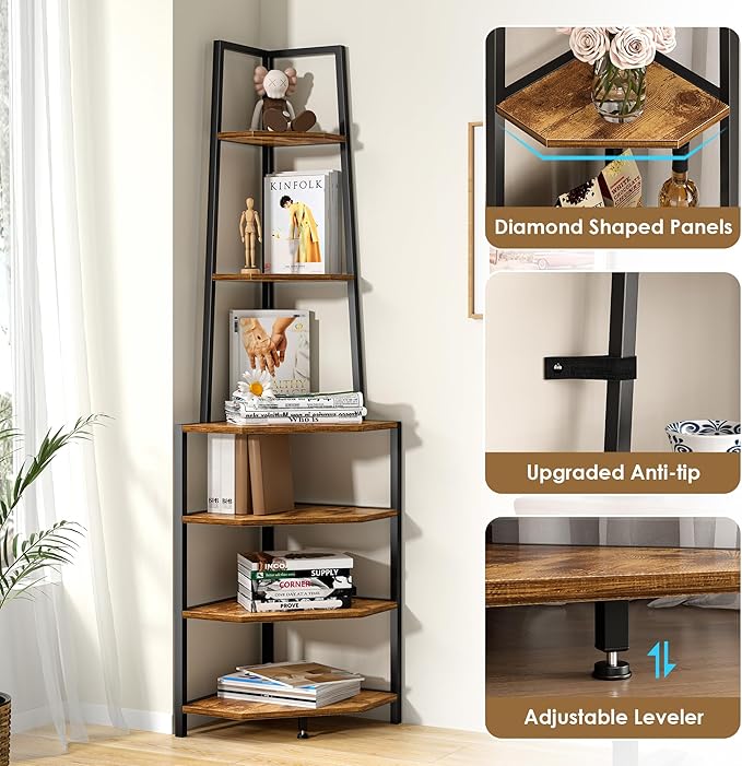 VECELO 6 Tier Corner Shelf 69 Inch Industrial Bookshelf with Metal Frame, Multipurpose Tall Plant Stand with Opening Display Shelves for Living Room, Bedroom, Home Office, Small Space, Brown