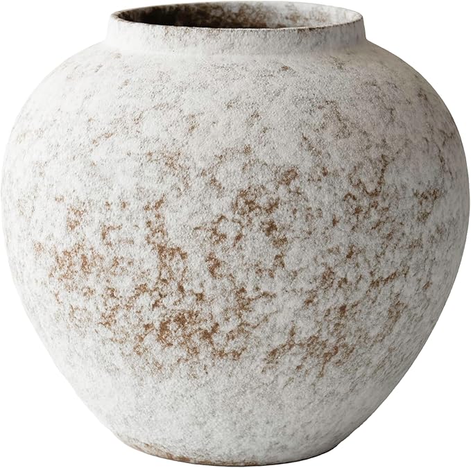 Rustic Farmhouse Textured Ceramic Vase, Large Round Distressed White Pottery Flower Vase for Centerpieces, Kitchen, Living Room, Bedroom, Table Top Decor, Gift & Weddings