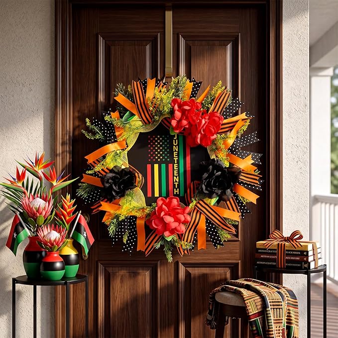 Hoteam Juneteenth Wreath for Front Door African American Door Wreaths June 19th 1865 Freedom Juneteenth Decorations for Festival Indoor Outdoor Home Porch Decoration