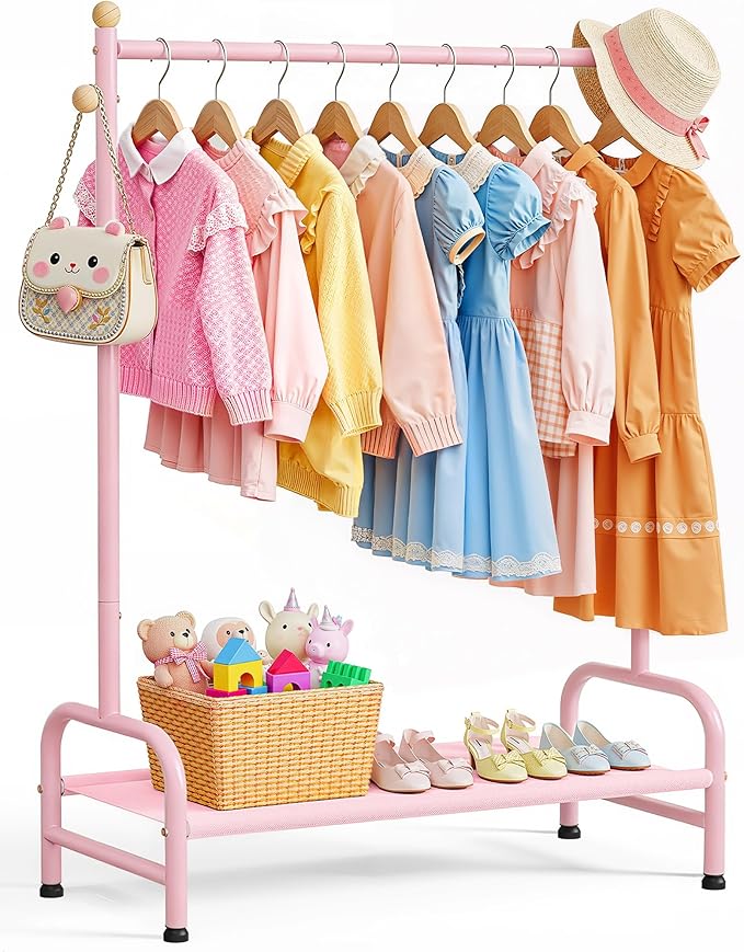 Clothes Rack - Sturdy Metal Kids Clothing Rack with Bottom Storage Shelf & Adjustable Feet, Dress Up Storage for Toddler's Bedrooms, Nurseries, Playrooms, 31" x 12.5" x 47.8", Pink