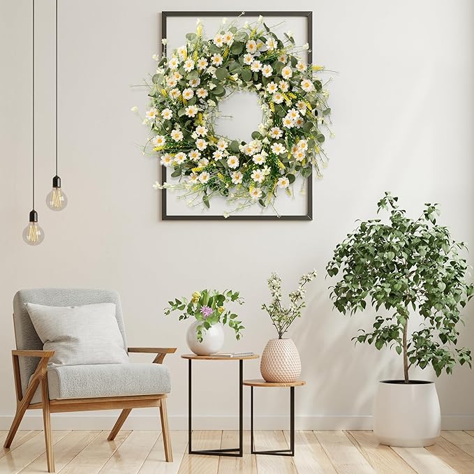 Sggvecsy White Daisy Wreath 24 Inch with Fake Silk Floral Green Eucalyptus Leaves and Lavender for Spring Summer Front Door Window Wall Wedding Farmhouse Festival Decor