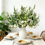 vivimemo 6 Pcs Summer Green Stems, 18 inch Artificial Eucalyptus Stem with White Florals for Home, Party & Wedding Decor Green Picks for Table Fireplace Vase DIY Wreath Decor
