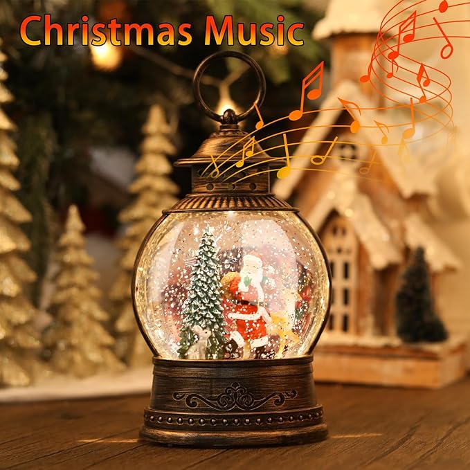 Christmas Snow Globes Christmas Decorations, Lighted Musical Snow Globes Lantern, Santa Decoration Indoor Home Décor & Gift, 6H Timer, USB/Battery Operated