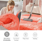 OLANLY Coral Red Round Rugs for Bedroom - Machine Washable, 6 ft Circle Area Rugs for Living Room, Soft and Fluffy Shaggy Carpet for Teen Girl and Boys, Nursery Rooms, Dorms, Home Decor Aesthetic