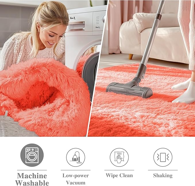 OLANLY Coral Red Round Rugs for Bedroom - Machine Washable, 6 ft Circle Area Rugs for Living Room, Soft and Fluffy Shaggy Carpet for Teen Girl and Boys, Nursery Rooms, Dorms, Home Decor Aesthetic