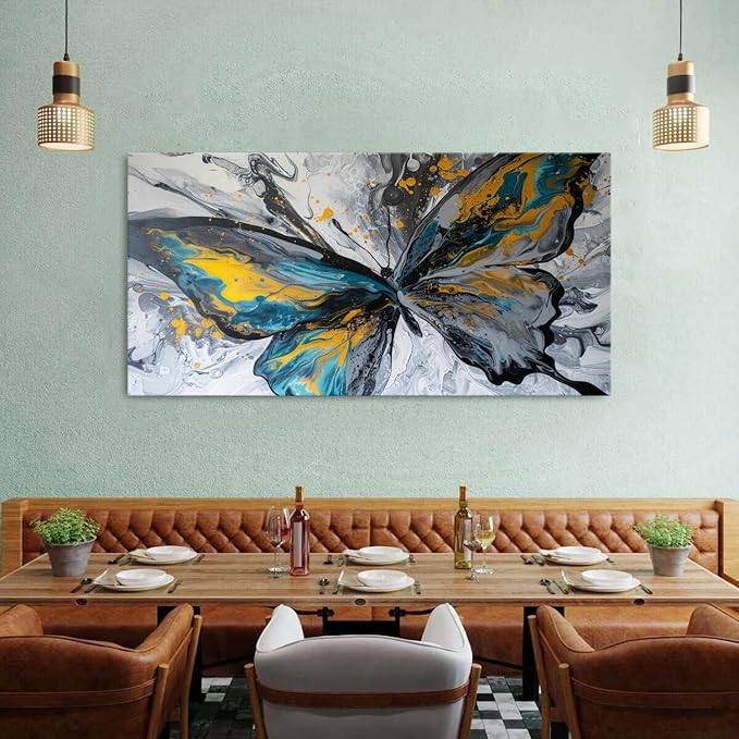 Abstract Butterfly Wall Art Teal Grey Yellow Butterfly Wall Decor Modern Marble Textured Canvas Poster Luxury Fluid Pictures Watercolor Neutral Artwork Living Room Bedroom Home Decoration 29.53x57.87"