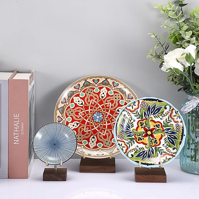 Hipiwe 2Pcs Adjustable Metal Arms Display Stand with Wooden Base Rock Display Stand Easel Decorative Plates Display Easel Holder for Gemstones Fossils Minerals Agate Plates Collectibles, 3.1"x3.1"