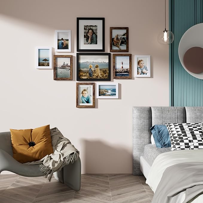 Vittanly Picture Frames Set of 10, Picture Frames Collage Wall Decor with Two 8x10, Four 5x7, and Four 4x6 Photo Frames, Gallery Wall Frame Set for Wall or Tabletop Display, Black, Brown and White