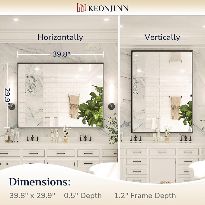 Keonjinn Black Framed Mirror for Bathroom 40 x 30 Inch, Rectangular Wall Mirror for Over Sink, Metal Frame Farmhouse Black Vanity Mirrors, Large Decorative Rectangle Mirrors(Horizontal/Vertical)