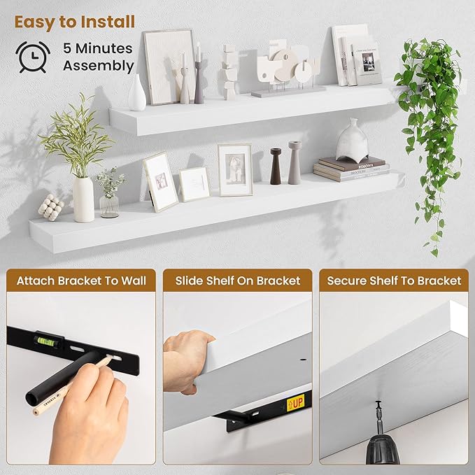 Fun Memories Floating Shelves 48 Inch, Extra Large Wood Shelf Set of 2, Hanging Wall Shelves for Bathroom, Living Room, Kitchen, Bedroom, White