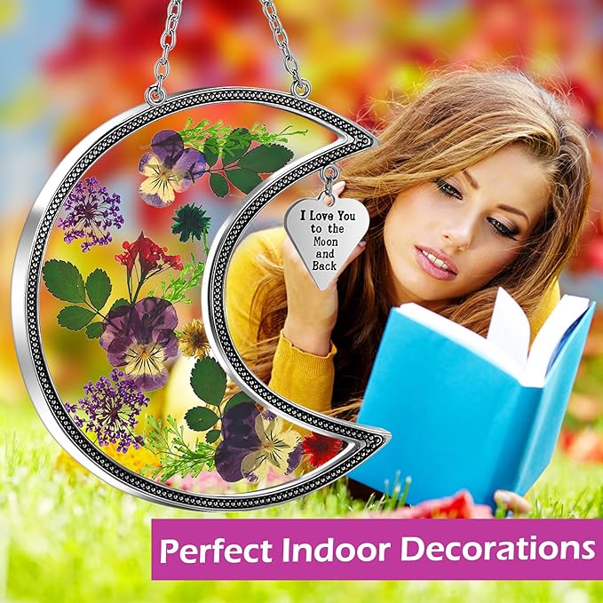 KY&BOSAM Moon Suncatcher Stained Glass for Window Hangings Wind Chime Decor with Pressed Real Flower and Metal I Love You to The Moon and Back Charm Birthday Gift for Women Mom Mother`s Day Christmas
