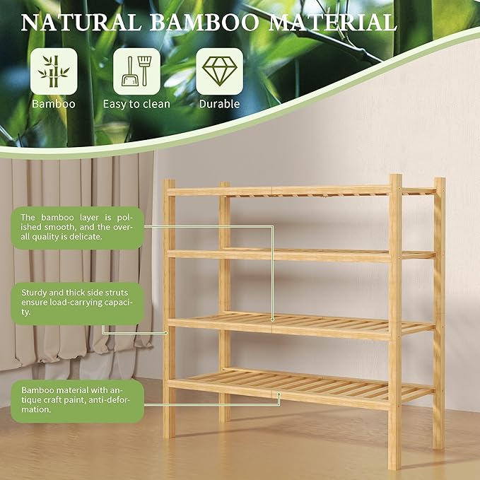 4 Tier (Thick) Bamboo Shoe Rack for Closet Free Standing Wood Shoe Shelf for Entryway Small Space Stackable 27"x12"x28" (Natural)