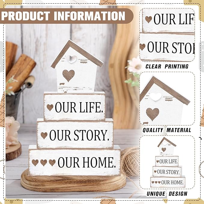 Cinnvoice 4 Pcs Farmhouse Tabletop Decor Rustic Family Blessed Home Table Centerpiece This Is Us Sign for Kitchen Shelf Desk Fireplace Mantel Tiered Tray Decor(Distressed Our Life Story Home)