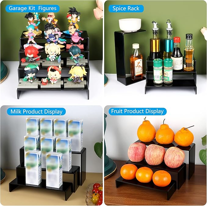 ELEGANTLIFE Acrylic Display Risers Set of 4, 4-Level Tiered Display Stands for Cupcakes, Small Figures & Jewelry, Compact Countertop Display Shelf, Multiple Colors Available (Black)