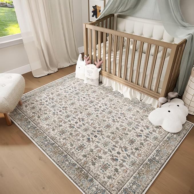 Washable 3x5 Entryway Rug, Boho Non-Slip Vintage Distress Small Rugs for Kitchen Nursery Office Bedroom, 0.3" Neutral Oriental Throw Thin Carpet with Cushioning Pad, Cream/Blue/Orange/Multi