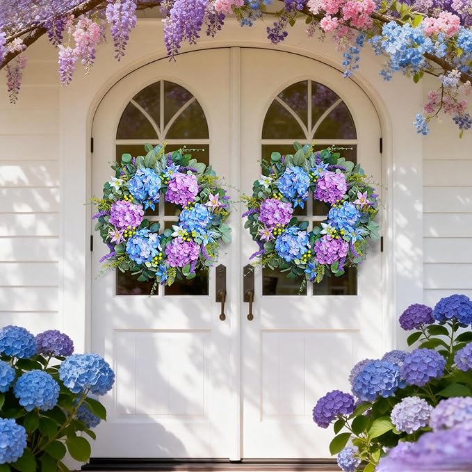 24 Inch Spring Summer Wreaths for Front Door - Blue & Purple Hydrangea Spring Door Wreath, Monet-Inspired Floral Decor with Hydrangea and Clematis for French Country, Spring and Summer, Indoor Outdoor