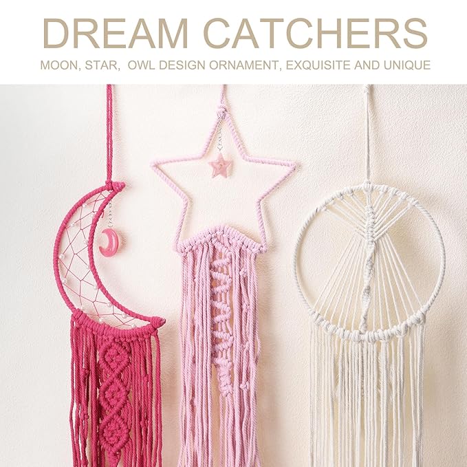 MECCANIXITY Macrame Dream Catchers, White Handmade Star Design Woven Cotton Dream Catcher Wall Hanging for Home Bedroom Decoration Ornament Craft Gift